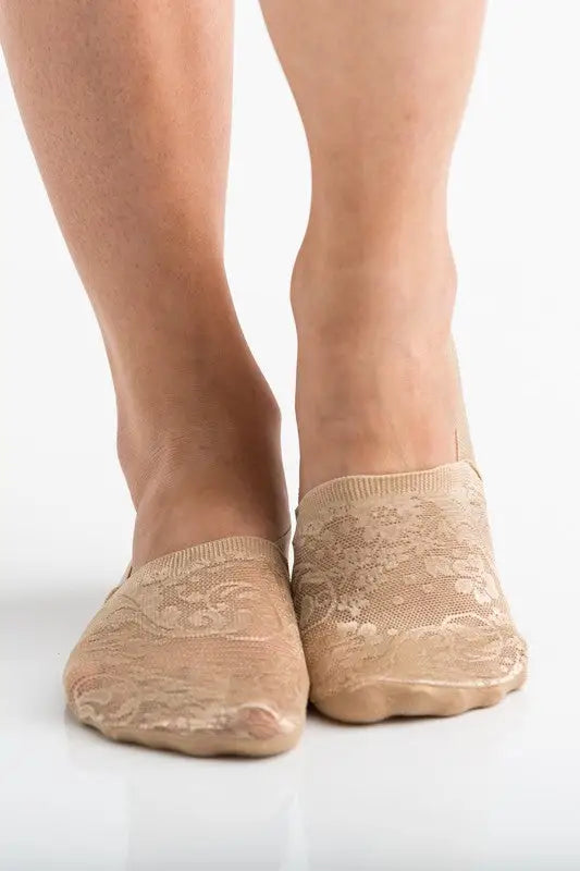 Pair of sheer nude floral lace sneaker socks from the No-Slip Floral Lace Sneaker Socks 3 Pack