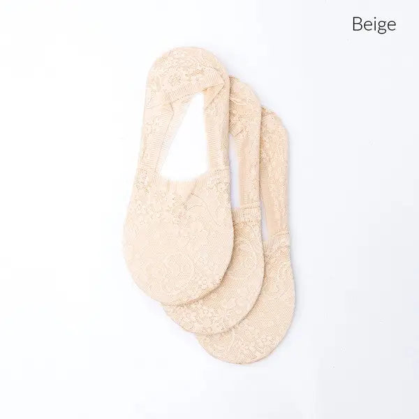 Three pairs of beige floral lace sneaker socks in the No-Slip Floral Lace Sneaker Socks 3 Pack