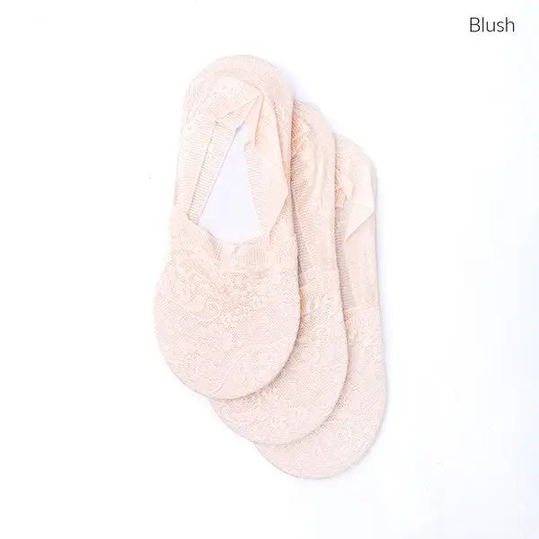 Blush-colored floral lace sneaker socks 3 pack with no-slip grip