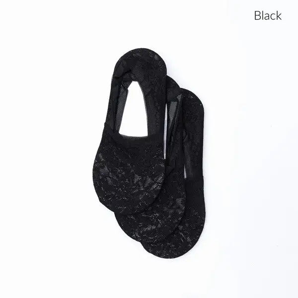 Two pairs of black floral lace sneaker socks in a 3-pack for stylish comfort