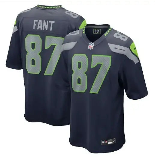Dark blue Noah Fant Seattle Seahawks Nike Game Jersey with grey neon green accents and number 87