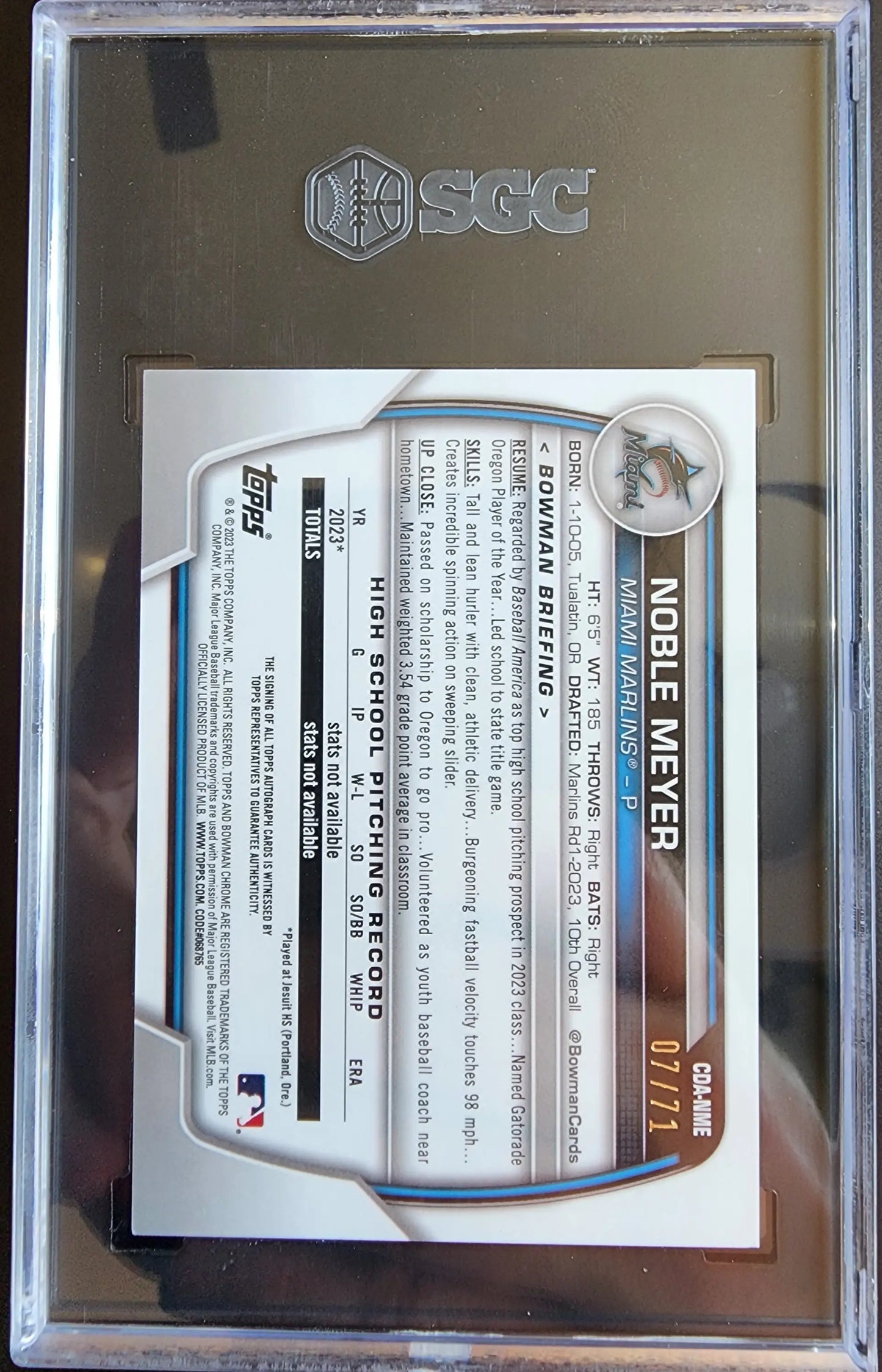 Baseball card in hard case featuring SGC logo for Noble Meyer Bowman Draft Chrome Sparkle Auto