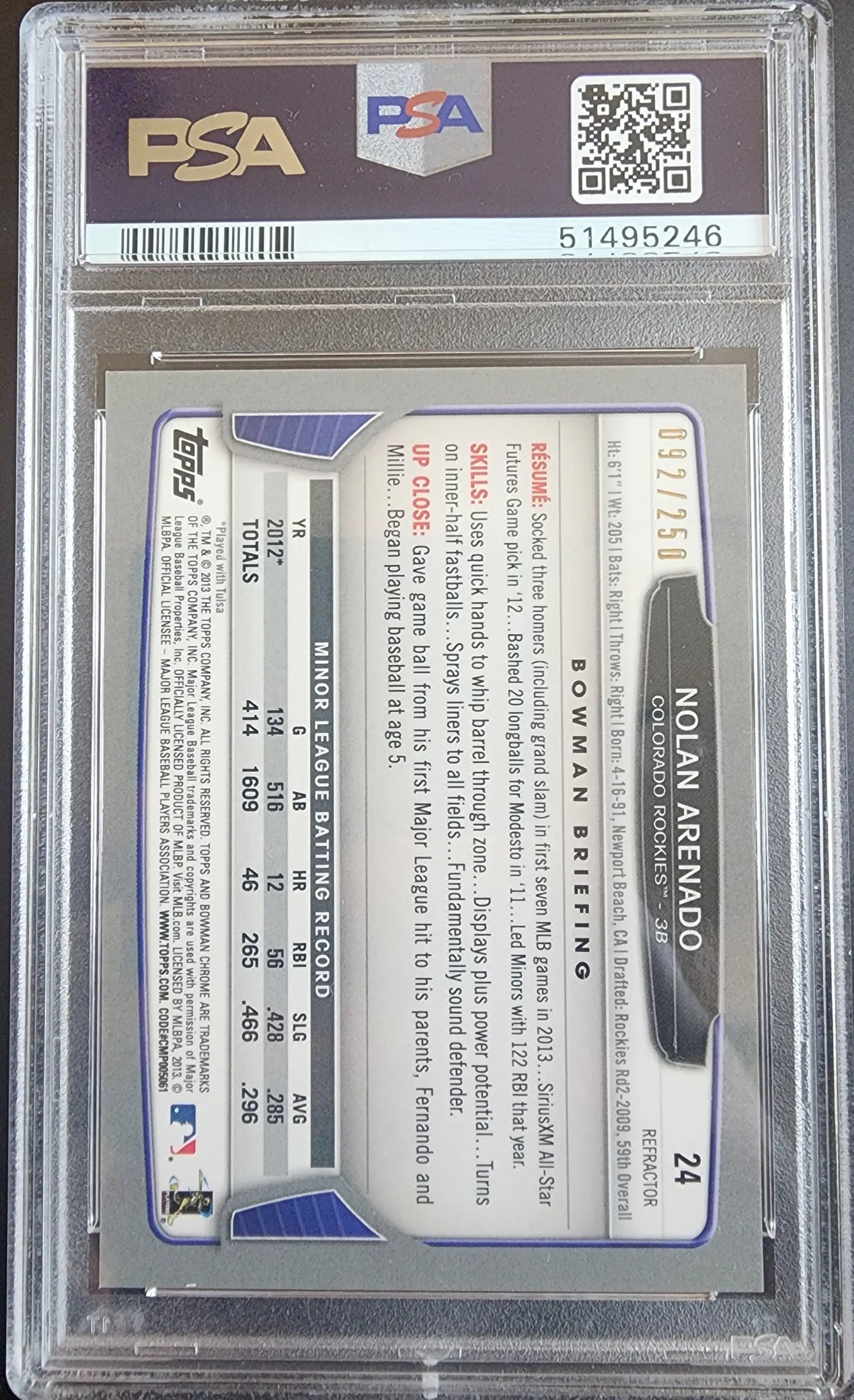 Nolan Arenado 2013 Bowman Chrome Blue Refractor #92/250 PSA 9 Mint in protective case