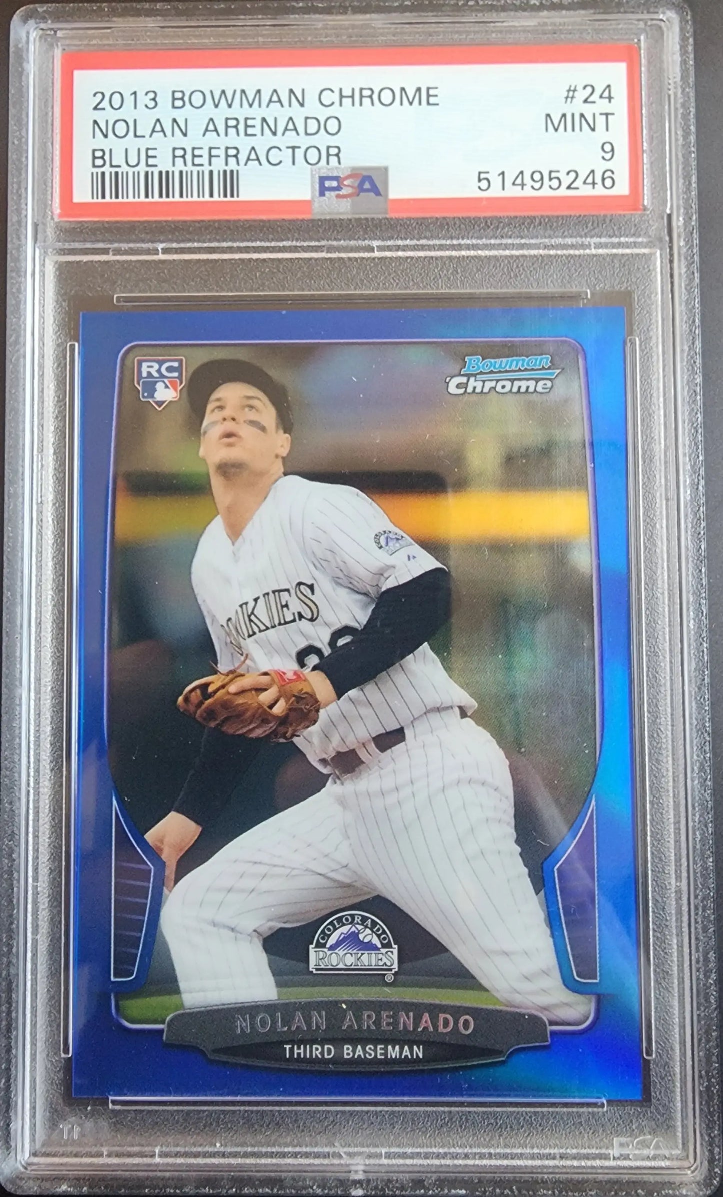 PSA graded Nolan Arenado 2013 Bowman Chrome Blue Refractor baseball card in case