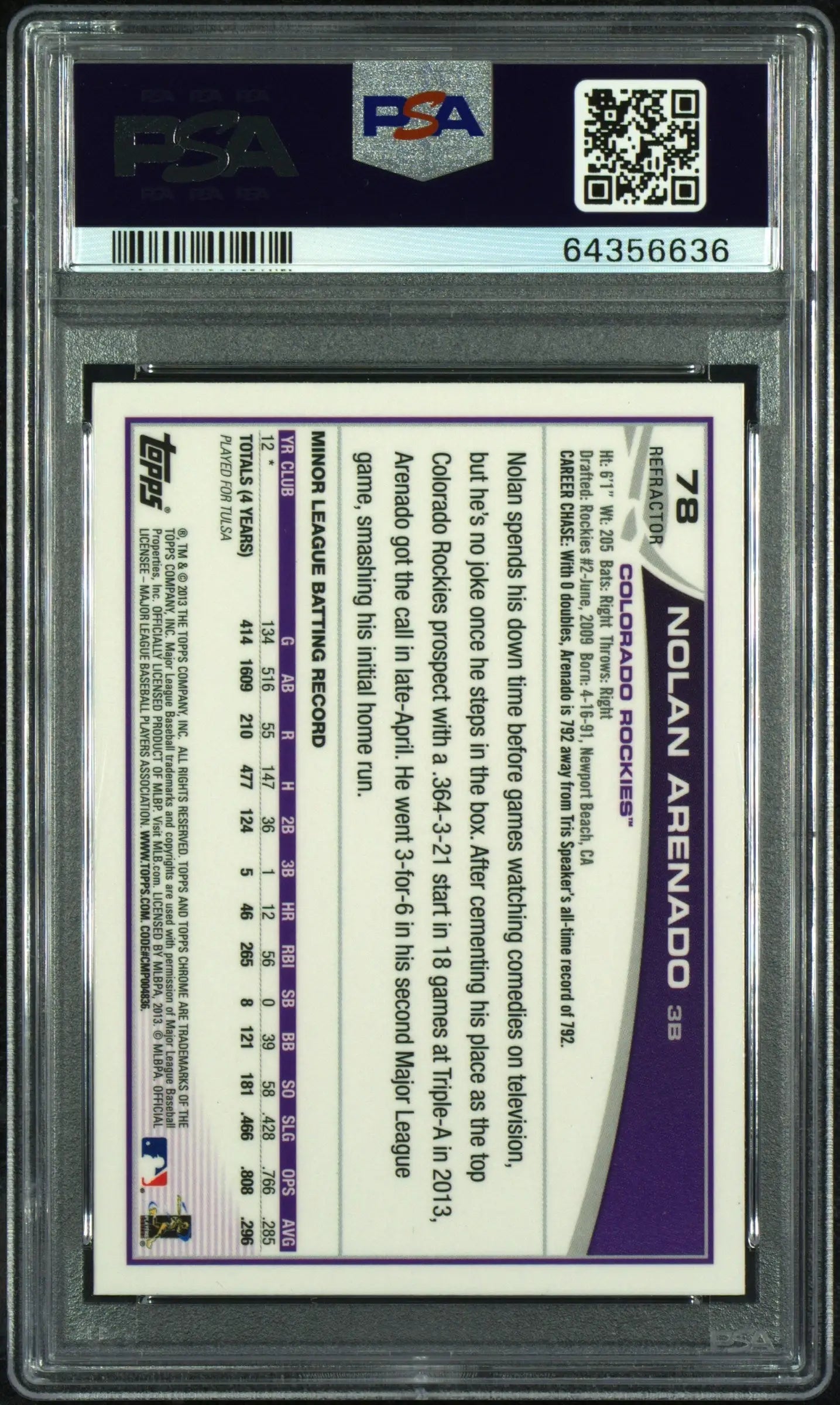 Graded Nolan Arenado 2013 Topps Chrome Purple Refractor PSA 9 Mint baseball card