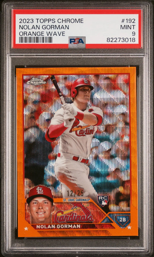 Nolan Gorman 2023 Topps Chrome Orange Wave baseball card PSA 9 Mint