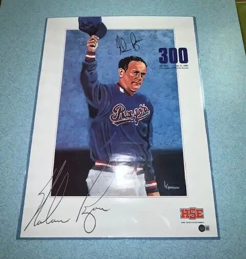 Autographed Nolan Ryan HSE 1990 commemorative print featuring Texas Rangers 300th win