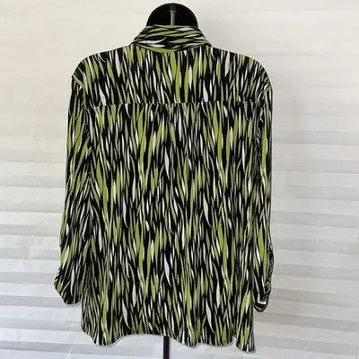 Black, green, and white striped long-sleeved collared blouse for petite women