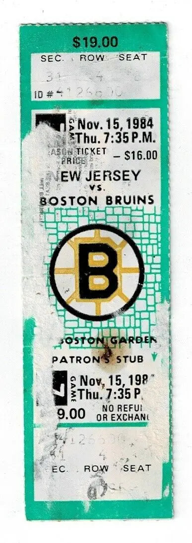 Vintage hockey ticket stub for Nov 15 1984 Boston Bruins vs New Jersey Devils NHL game