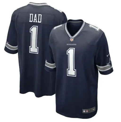 Dark blue Dallas Cowboys Nike Game Jersey with number 1 and Dad on the back