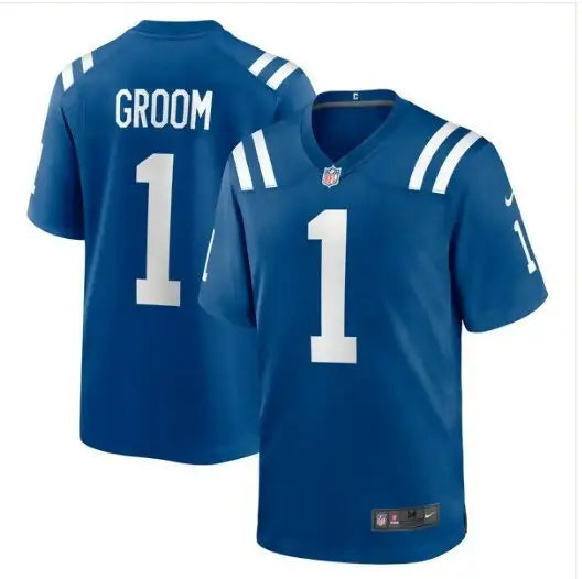 Blue Indianapolis Colts Nike game jersey with white shoulder stripes and GROOM name