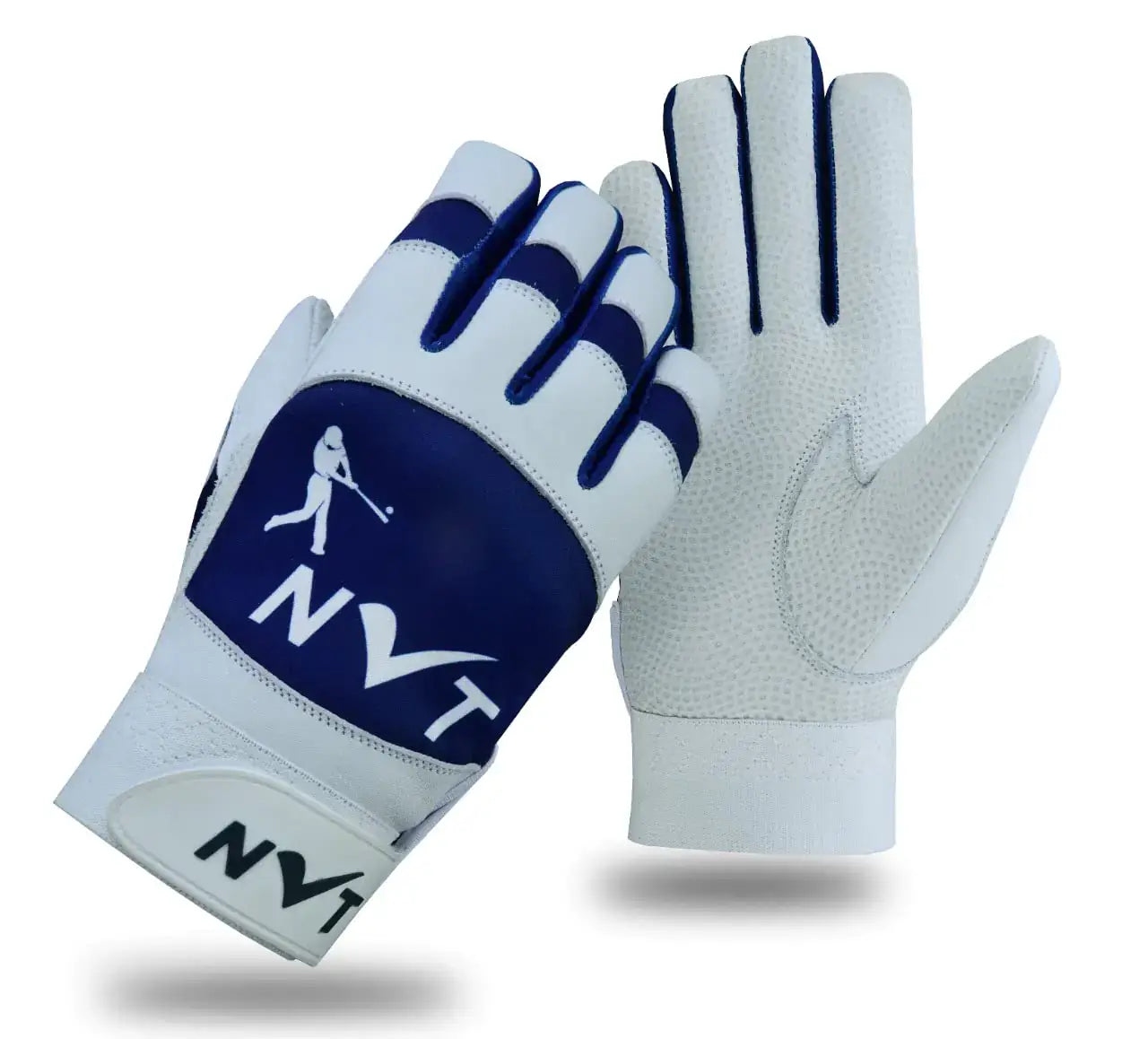 White and blue baseball batting gloves with superior grip, durability, and ventilation for men