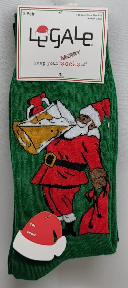 NWT Legale Merry Christmas Santa Socks with green design and Black Santa drinking beer
