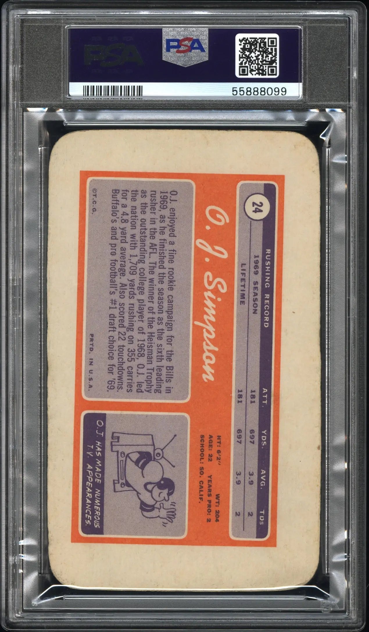 Graded O J Simpson football card from Topps Super rookie series at Columbia Hobby