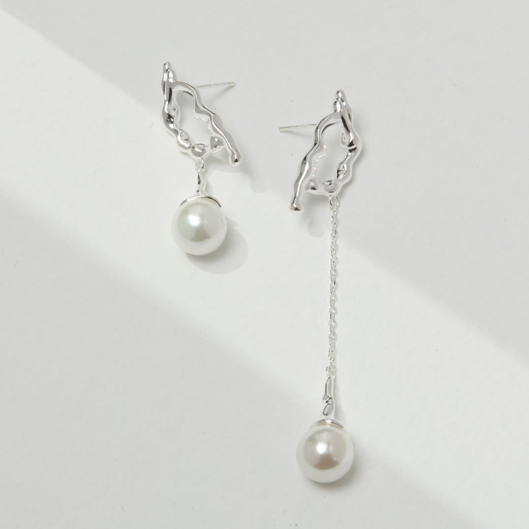 10MM Round Pearl Asymmetric Long Earrings