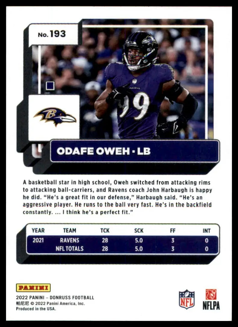 Odafe Oweh football card from 2022 Donruss Baltimore Ravens series