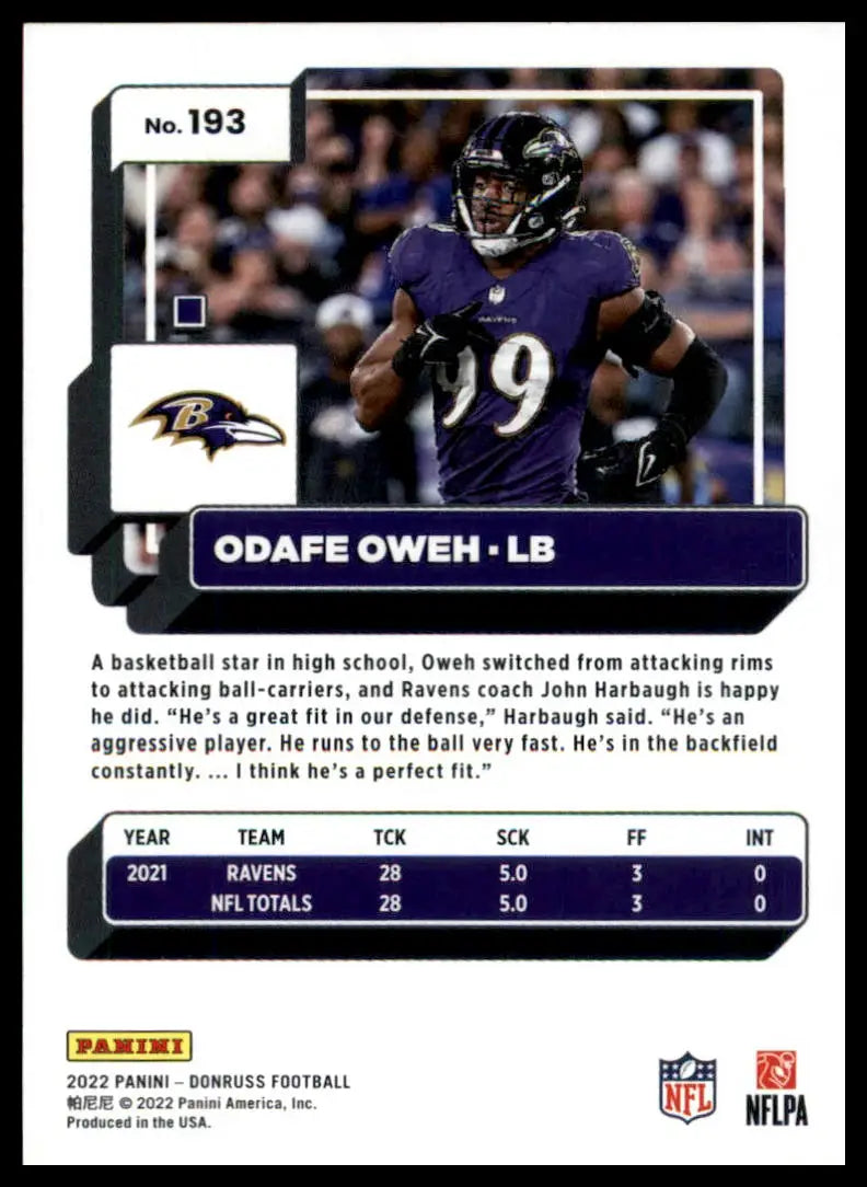 Odafe Oweh football card from 2022 Donruss Baltimore Ravens collection