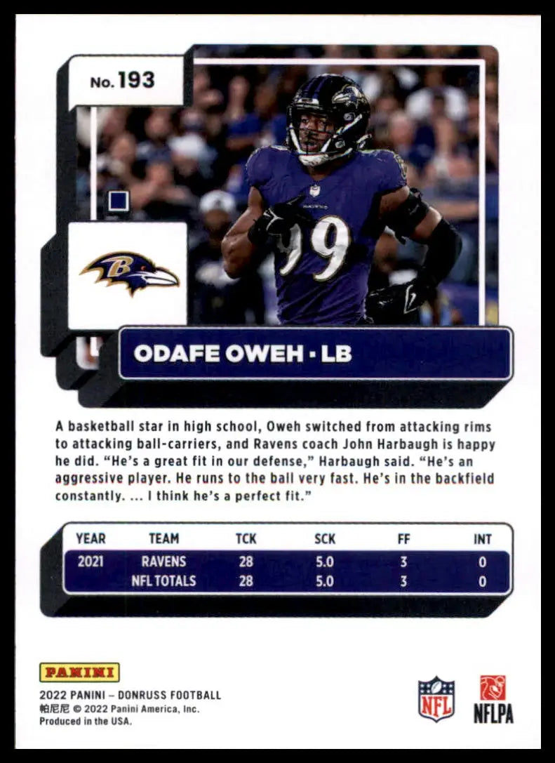 Odafe Oweh football card from 2022 Donruss Baltimore Ravens series