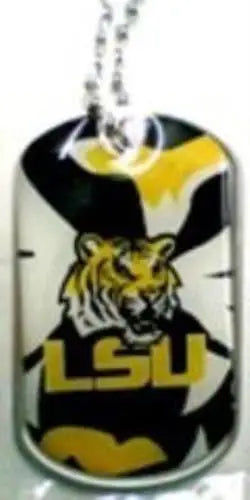Dog tag-style necklace with LSU Tigers logo, officially licensed NCAA accessory