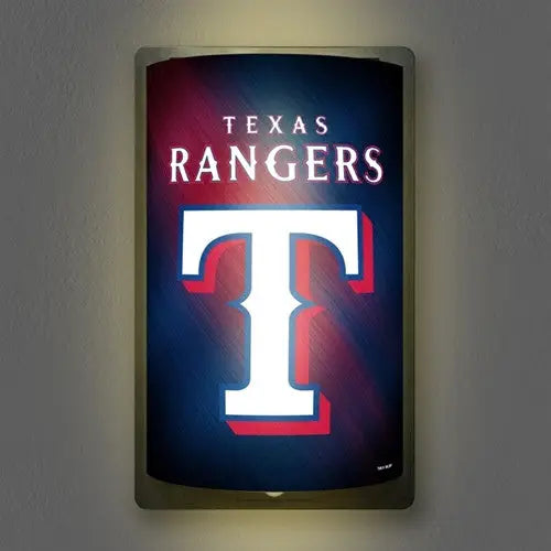 Illuminated Texas Rangers logo on Official MLB Motiglow Backlit Sign for baseball fans