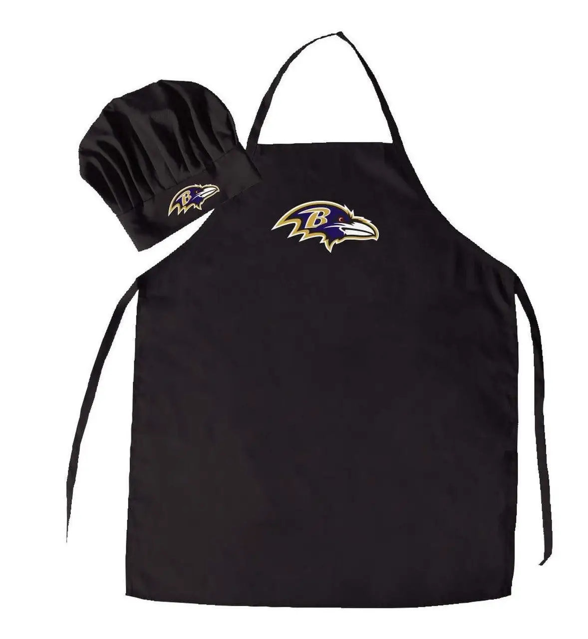 Black apron with Baltimore Ravens logo and matching chef hat for NFL tailgating