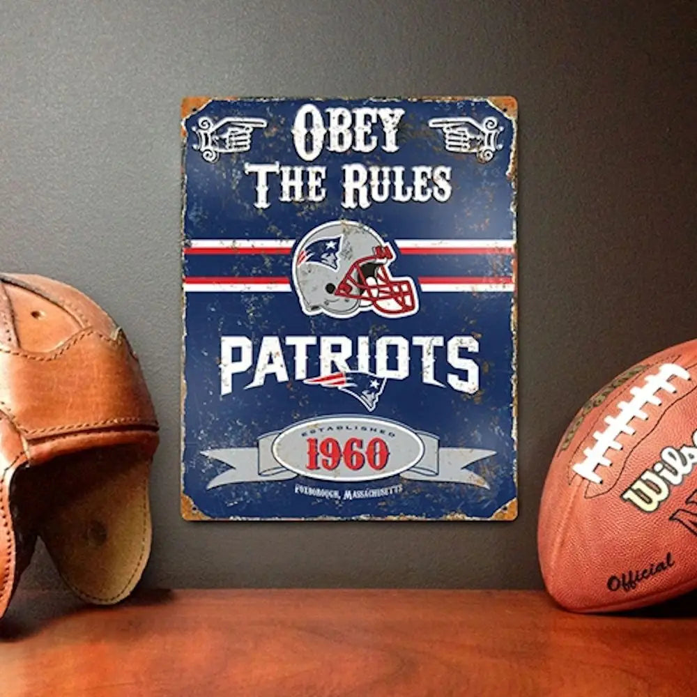 Vintage metal sign for New England Patriots with Obey The Rules slogan and 1960 year
