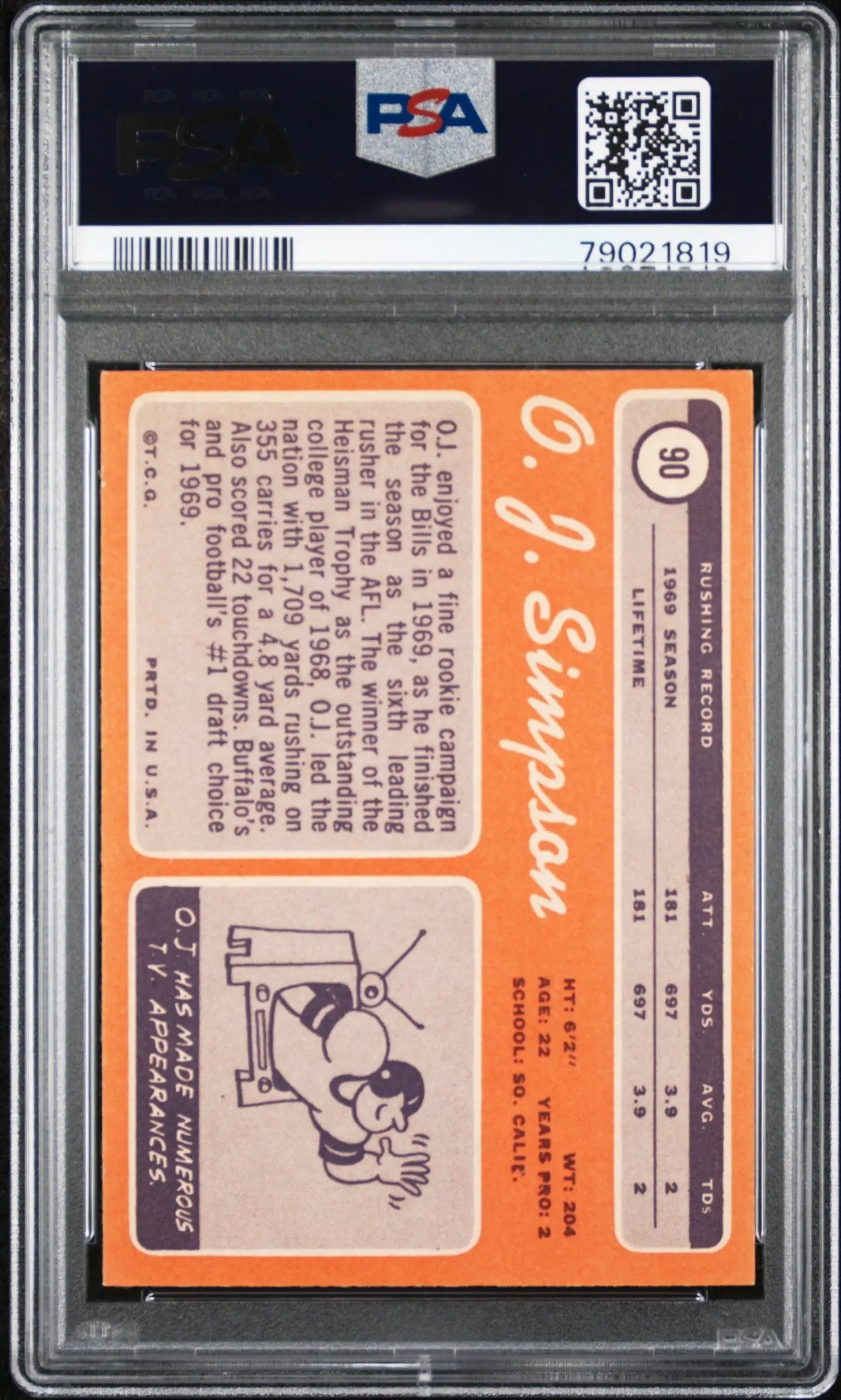 OJ Simpson 1970 Topps #90 PSA 6 EX-MINT baseball card on orange background