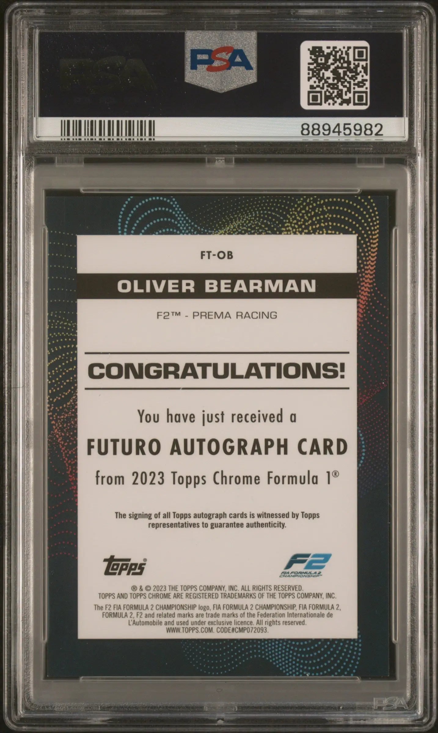 Oliver Bearman 2023 Topps Chrome Formula 1 Orange Autograph 21/25 PSA 9 10 Auto - Singles