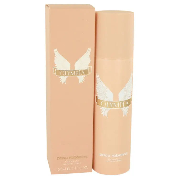 Peach-colored Paco Rabanne deodorant spray with Olympia winged emblem for Olympea