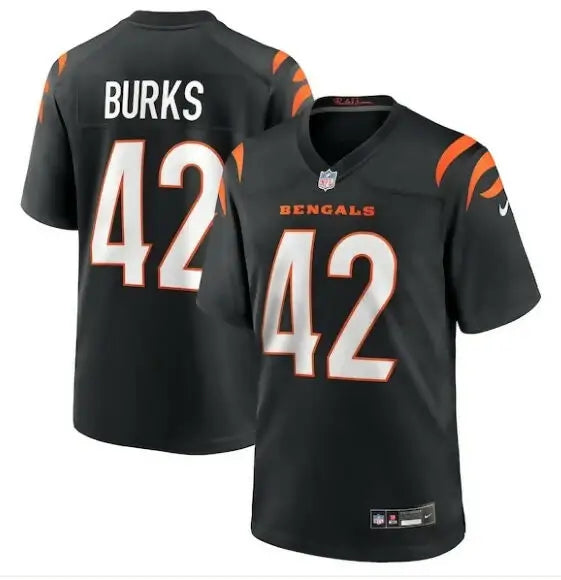 Black Cincinnati Bengals Nike team game jersey with Burks 42 in white with orange outlines