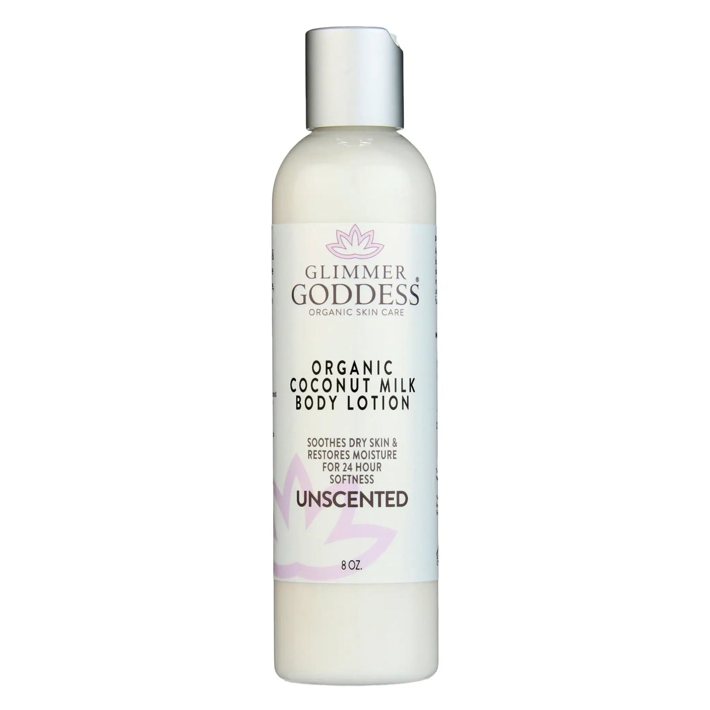 Bottle of Glimmer Goddess Organic Coconut Milk Body Lotion for soft, supple skin