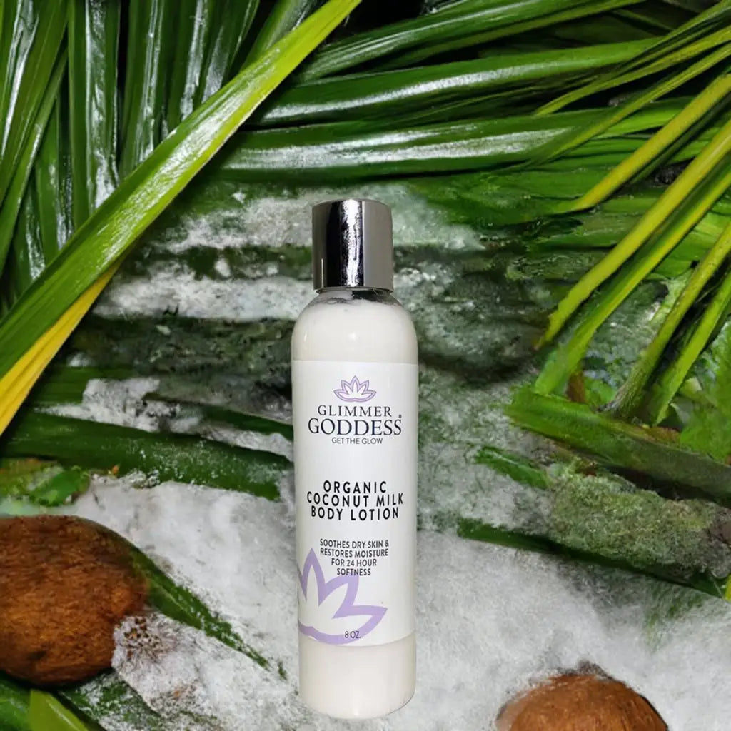 White bottle of organic coconut milk body lotion for soft, supple skin