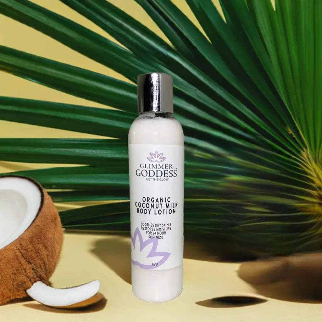 White bottle of Organic Coconut Milk Body Lotion with silver cap for soft skin