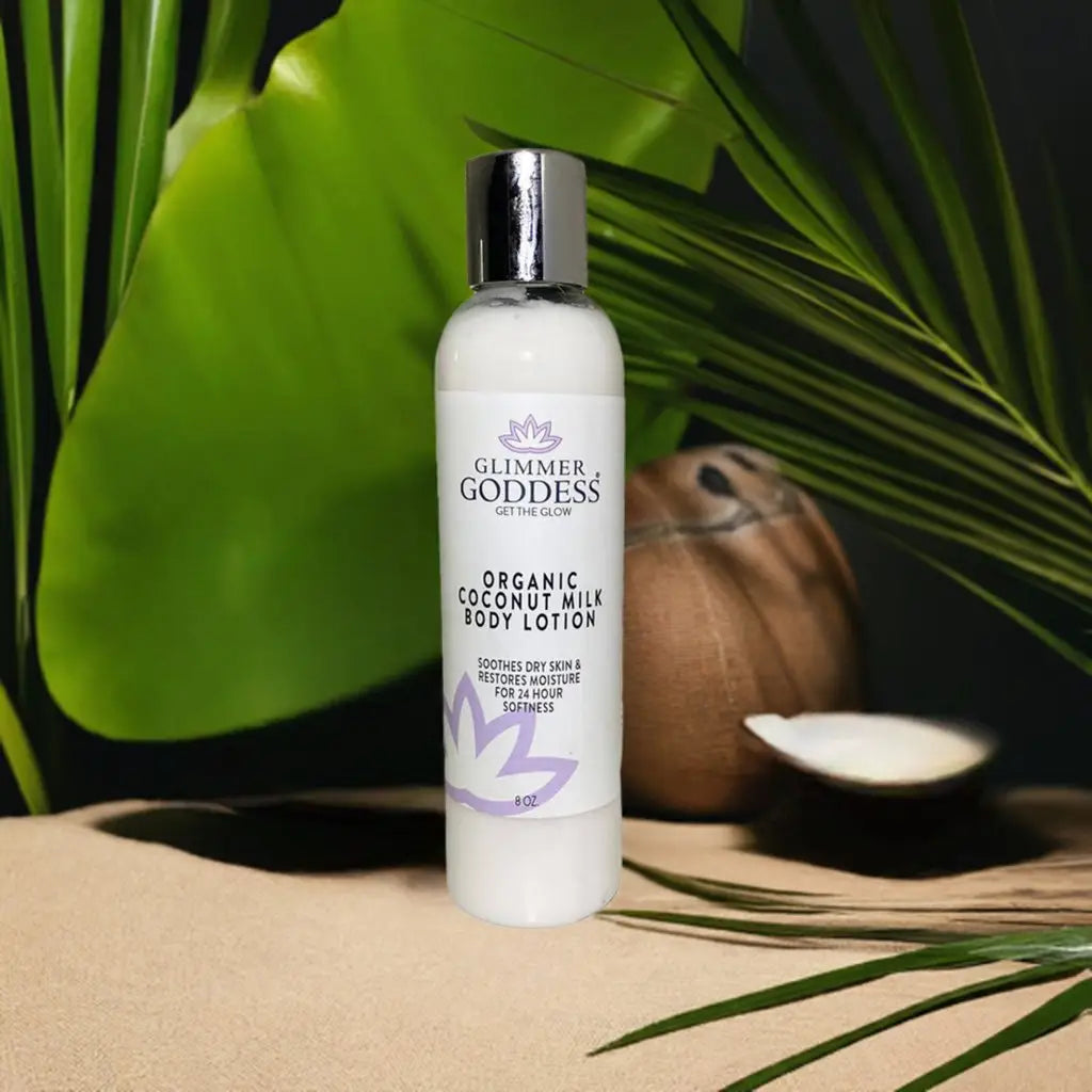 White bottle of organic coconut milk body lotion with silver cap for soft skin