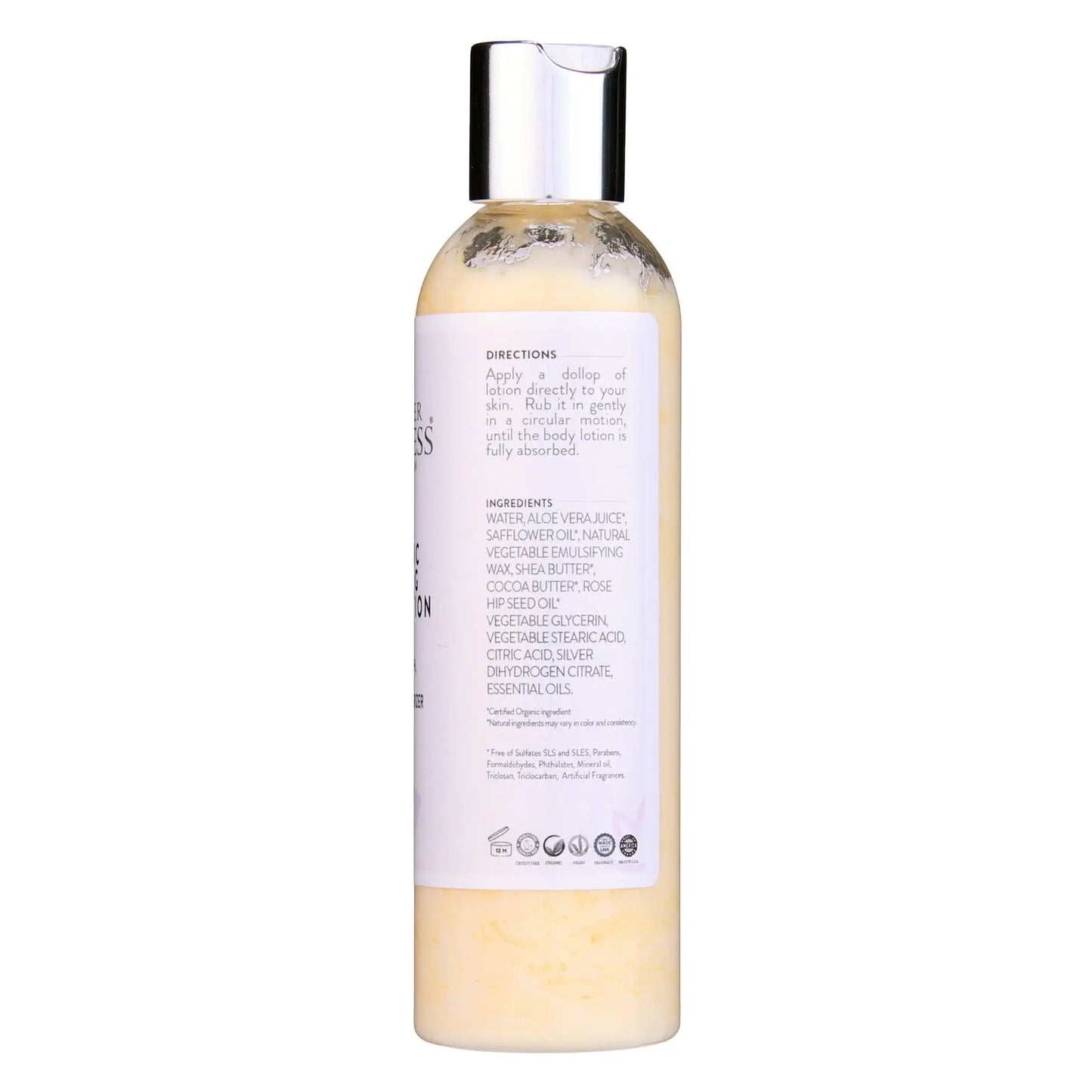 Organic Firming Body Lotion bottle with light yellow body lotion and silver flip-top cap