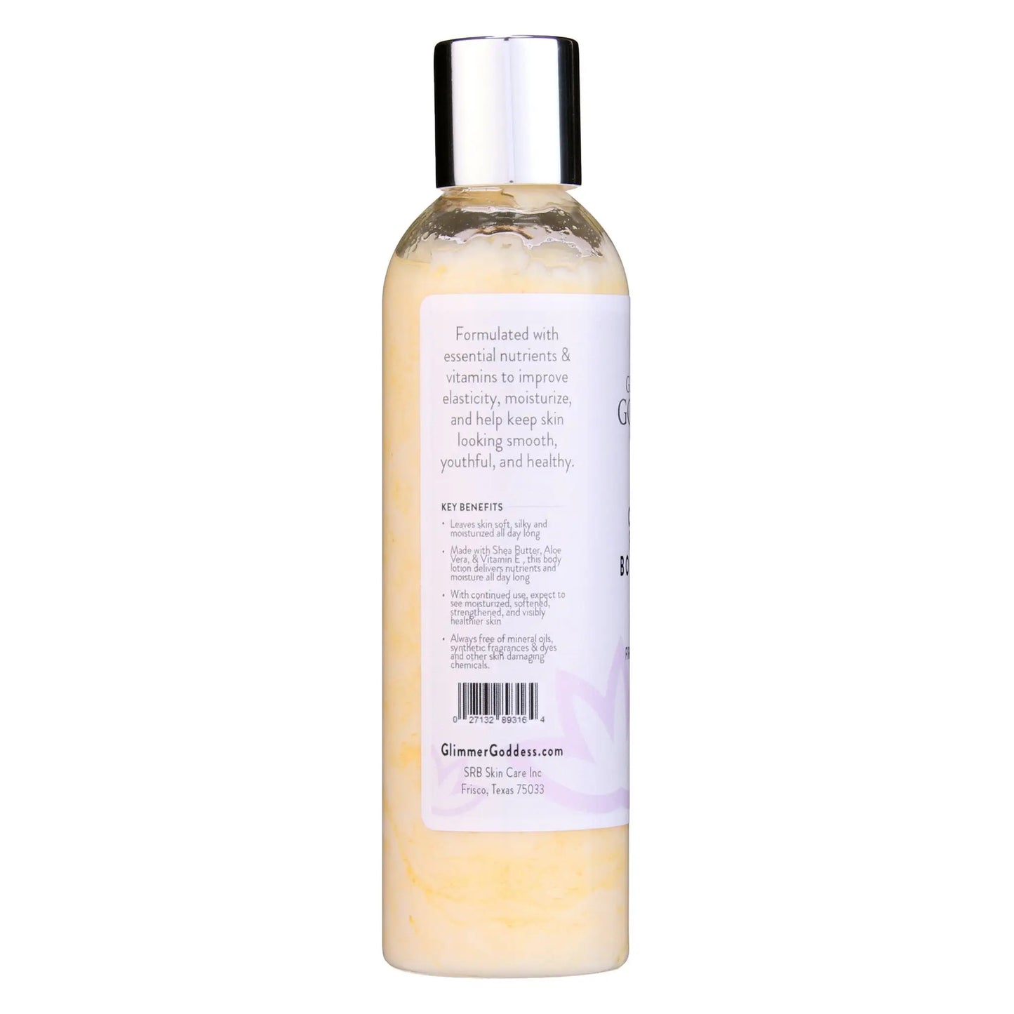 Yellow liquid in a clear bottle with silver cap for Organic Firming Body Lotion