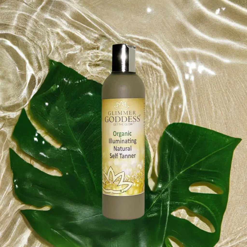 Organic Self Tanning Lotion bottle with silver cap showcasing Glimmer Goddess Illuminating Tanning Lotion for a goddess glow with a chemical-free formula