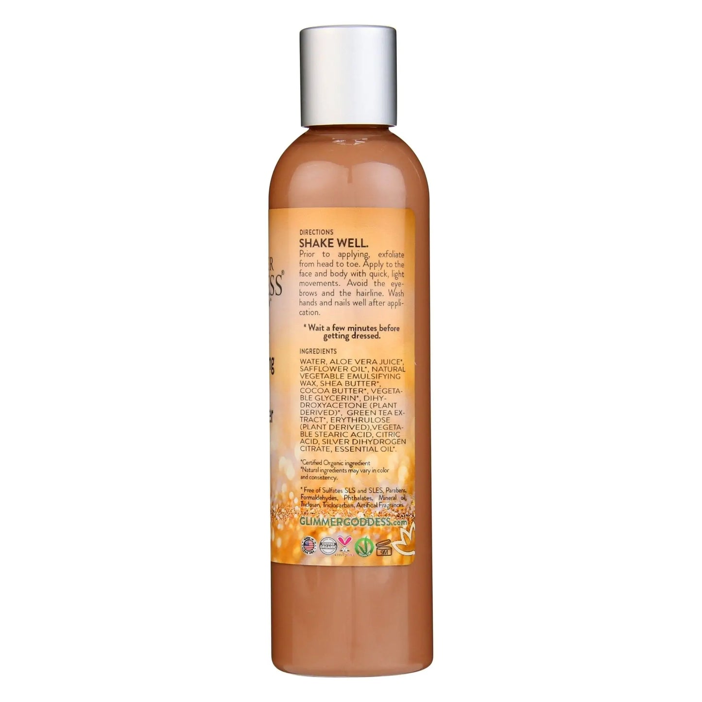 Organic Self Tanning Lotion with brown liquid in plastic bottle and silver cap for goddess glow