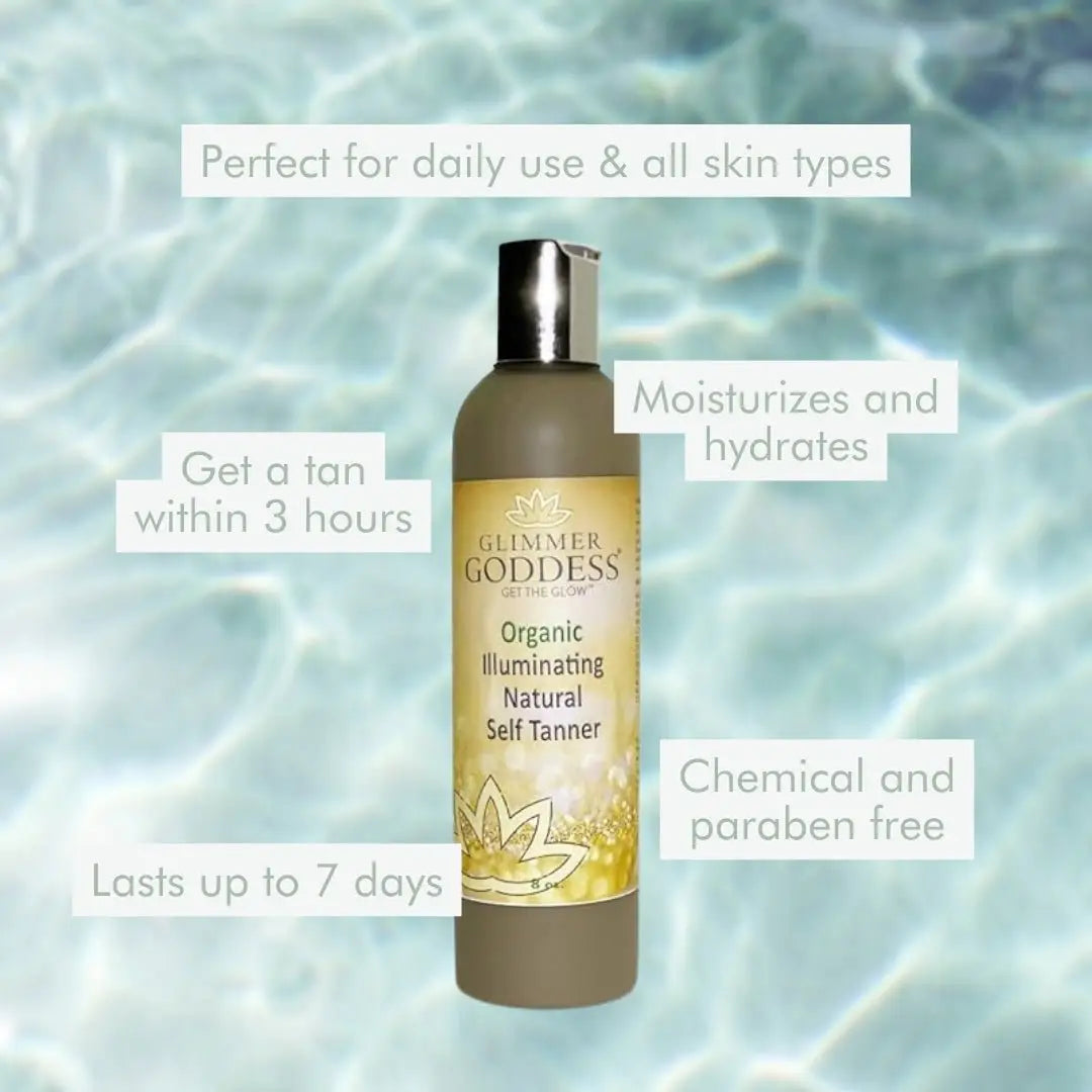 Organic Self Tanning Lotion with goddess glow, chemical-free formula, hydrates skin, lasts 7 days