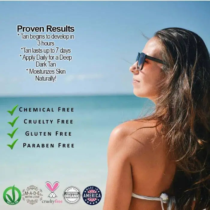 Organic Self Tanning Lotion advertisement showcasing benefits and certifications for a goddess glow