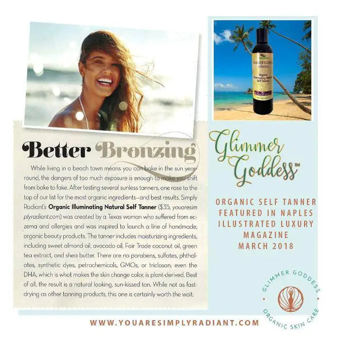 Promotional flyer for Organic Self Tanning Lotion with goddess glow chemical-free formula