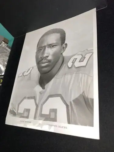 Black and white portrait of Zeke Moore, Houston Oilers player for trading cards