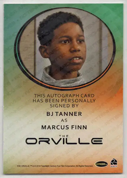 Autograph card of BJ Tanner as Marcus Finn from The Orville trading cards collection
