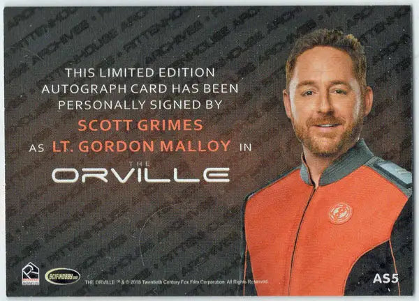 Autograph card of Scott Grimes as Lt. Gordon Malloy from Orville Archives Silver Autograph