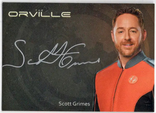 Promotional photo card of The Orville featuring Scott Grimes in orange uniform silver autograph card