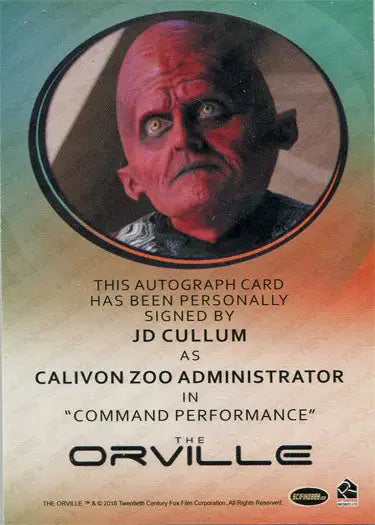 Autograph card of Calivon Zoo Administrator from The Orville featuring red-faced alien
