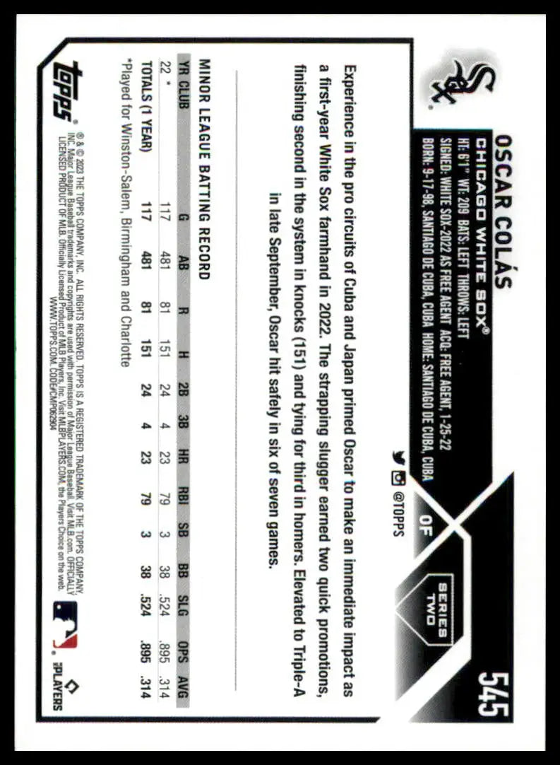 Oscar Colás Rookie 2023 Topps #545 Chicago White Sox baseball card