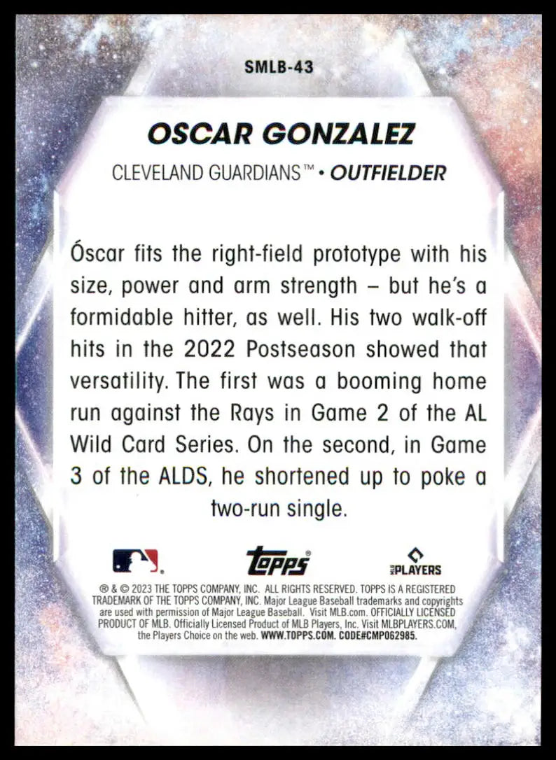 Oscar Gonzalez 2023 Topps Stars of MLB baseball card back side detail
