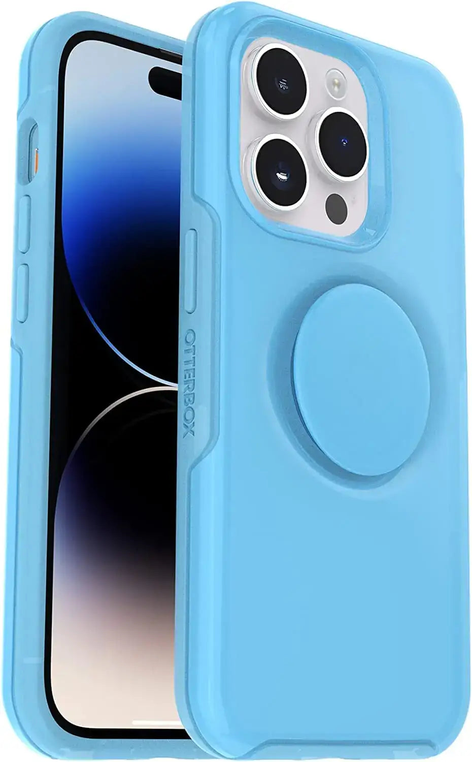 Light blue OtterBox + POP SYMMETRY SERIES iPhone 14 Pro Max case for wireless charging