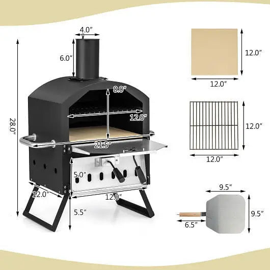 Outdoor Pizza Oven with Anti-scalding Handles and Foldable Legs-Black - Color:Black - Outdoor Oven